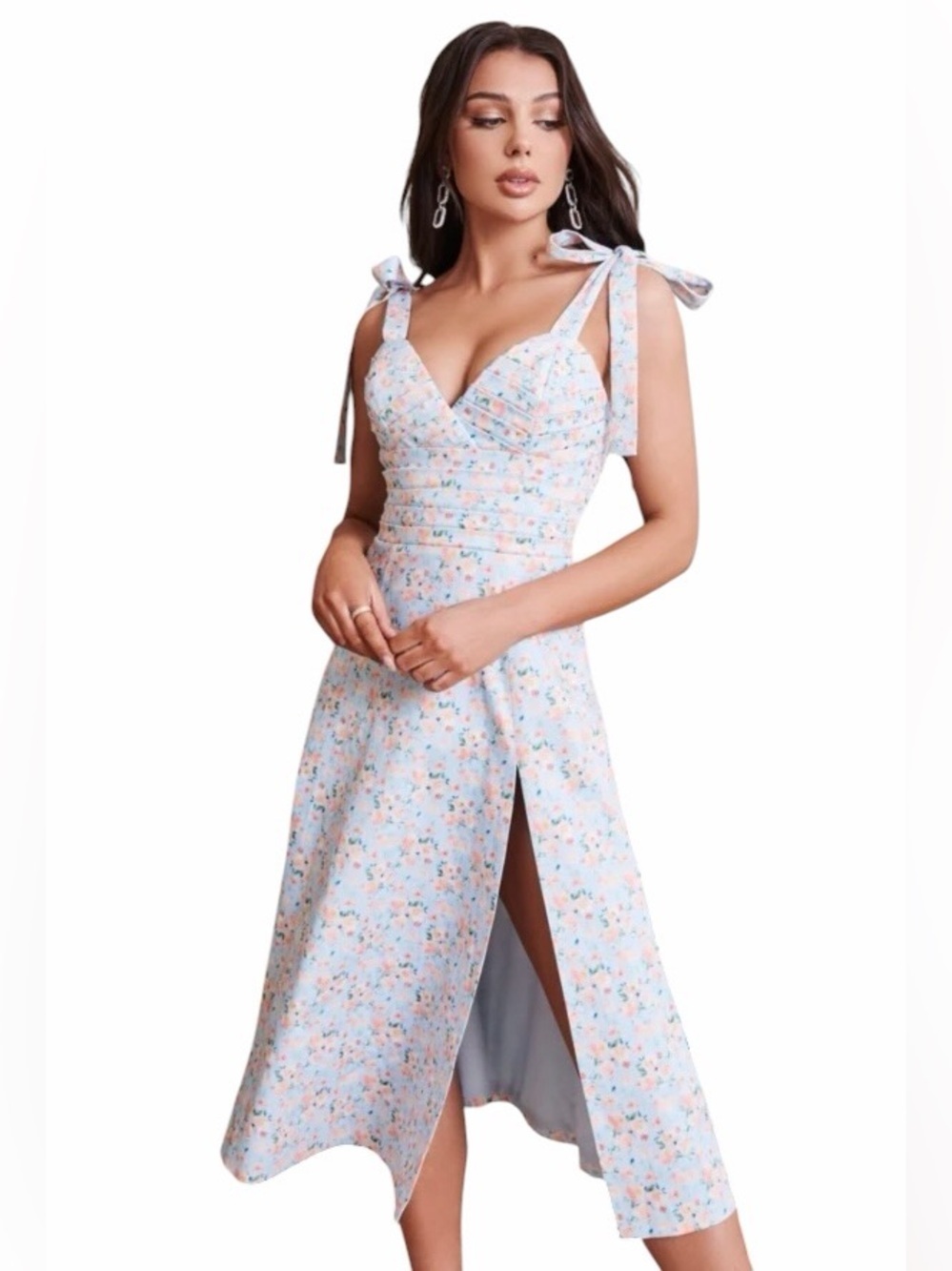 Lavish Alice Blue Floral Pleated Tie Strap Cotton Blend Midi Dress Womens 12
